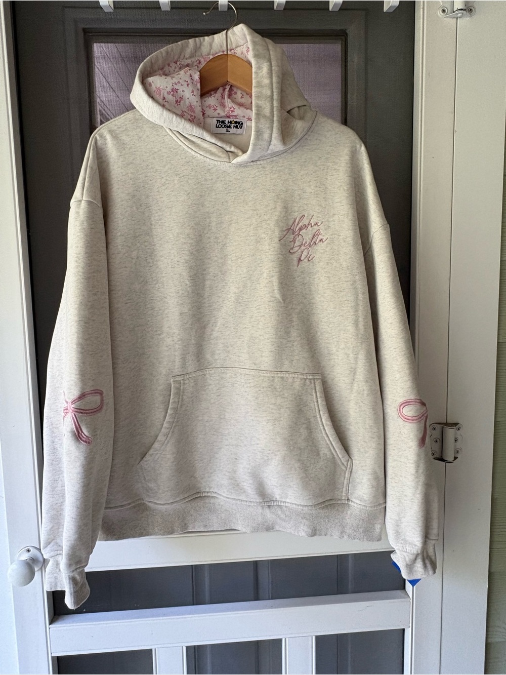 The Hang Loose Hut grey Alpha Delta Pi with Fairfield CT hoodie. Sacred Heart U